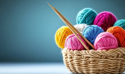 Poster - Basket of colorful yarn with a knitting needle in it. The basket is filled with a variety of different colored yarns, and the knitting needle is resting on top of the yarn