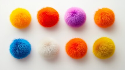 Poster - Row of fuzzy balls of different colors. The colors are yellow, orange, and purple. The balls are arranged in a row, with the yellow one on the left and the purple one on the right