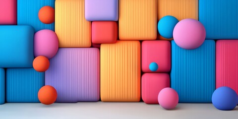 Poster - Colorful wall with many different colored balls and cubes. The wall is made up of many different colored blocks and the balls are scattered throughout the wall. The wall is very colorful and vibrant