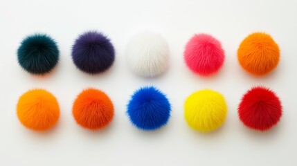 Poster - Row of fuzzy balls of different colors and sizes. The colors include blue, orange, yellow, and green