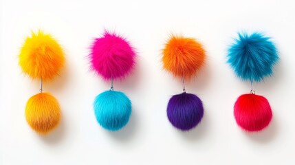 Poster - Four fuzzy balls of different colors hanging on a white background. The colors are yellow, orange, blue, and purple