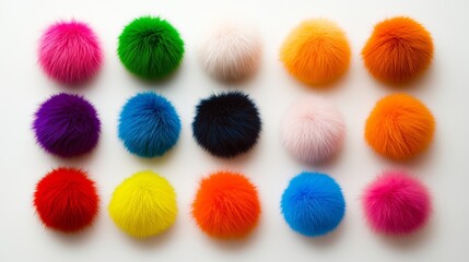 Poster - Row of fuzzy balls of different colors and sizes. The colors include red, yellow, blue, and pink