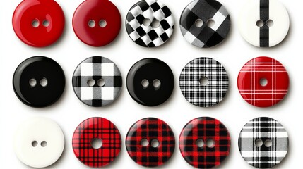 Poster - Collection of buttons with plaid and black and white designs. The buttons are arranged in rows and columns, with some overlapping each other. Scene is one of simplicity and elegance