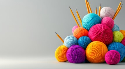 Poster - Pile of colorful yarn with a bunch of pencils on top. The yarn is in various colors and the pencils are yellow. Concept of creativity and playfulness, as the yarn