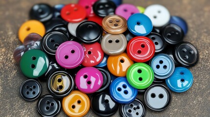 Poster - Pile of colorful buttons on a table. The buttons are of different colors and sizes. Concept of variety and diversity