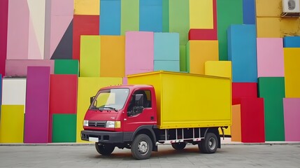 Poster - Vibrant truck display against colorful wall mural urban art photography outdoor perspective creativity