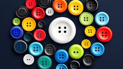 Poster - Collection of colorful buttons arranged in a circle. The buttons are of various sizes and colors, including red, yellow, green, and blue. The arrangement of the buttons creates a visually appealing