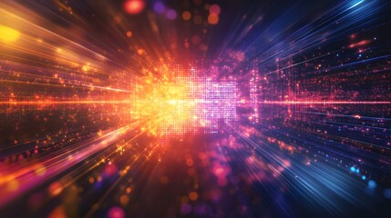 Poster - Dynamic light rays and colorful particles digital space abstract art virtual environment wide angle energy concept