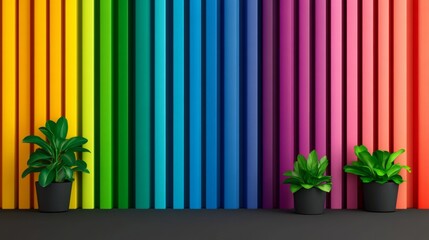 Poster - Wall with a rainbow of colors and two potted plants. The plants are green and are placed on the wall. The wall is colorful and vibrant, giving off a cheerful and lively atmosphere