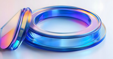 Leinwandbilder - Three-dimensional representations of glass discs, plates, crystal circle discs, and geometric triangles. Abstract geometric objects featuring rainbow holographic gradients.