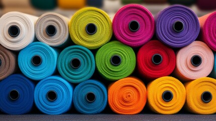 Poster - Row of colorful yarns are stacked on top of each other. The colors are bright and vibrant, creating a cheerful and lively atmosphere. The yarns are arranged in a way that they are all visible