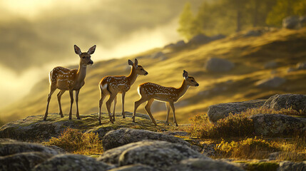 Wall Mural - A family of deer grazing peacefully on lichen-covered granite rocks, with soft fog drifting in the background and the golden light of dusk setting the scene. 