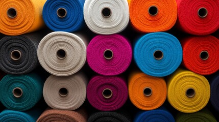 Poster - Row of colorful rolls of fabric, including white, pink, blue, and yellow. The rolls are stacked on top of each other, creating a vibrant and lively scene