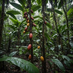 Wall Mural - A cacao tree in a dense rainforest, its pods resembling jewels.

