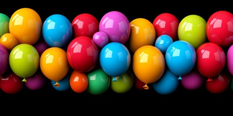 Poster - Colorful line of balloons with a black background. The balloons are of different colors and sizes, creating a vibrant and lively atmosphere