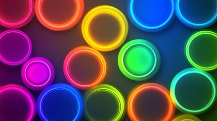 Poster - Colorful array of circles with neon lights inside. The circles are of different sizes and colors, creating a vibrant and dynamic visual effect. Scene is energetic and lively