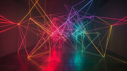 Poster - Dynamic light installation displaying colorful laser patterns modern art gallery visual art indoor contemporary abstract
