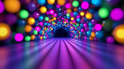 Poster - Colorful tunnel made of many small balls. The tunnel is very long and narrow. The balls are of different colors and sizes