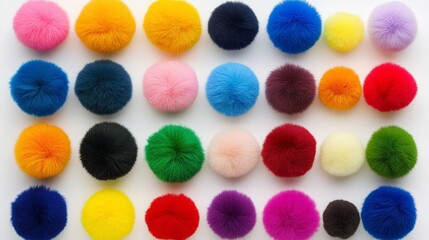 Poster - Row of colorful pom poms are arranged in a line. The pom poms are of various colors and sizes, creating a vibrant and playful atmosphere