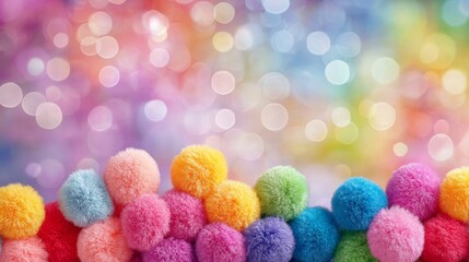 Poster - Bunch of colorful pom poms are arranged in a rainbow pattern, with each color standing out against the others. The pom poms are fluffy and soft, and they create a cheerful and playful atmosphere