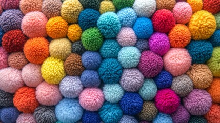 Poster - Colorful pile of pom poms in various colors. The pom poms are arranged in a way that creates a sense of depth and texture. The image conveys a feeling of warmth and playfulness