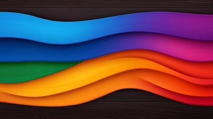 Poster - Colorful wave on a wooden background. The colors are bright and vibrant, creating a sense of energy and excitement. The wave appears to be flowing and dynamic, suggesting movement and life