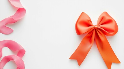 Wall Mural - Elegant Orange Bow and Pink Ribbon on White Background for Decoration