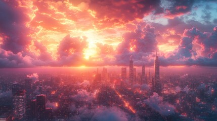 Canvas Print - Futuristic city skyline, vibrant sunset clouds.