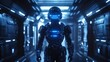 © Galib - A futuristic robot in a black suit with a helmet walks down a futuristic hallway.