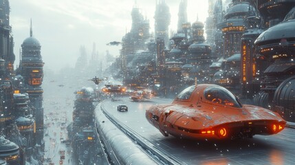 Canvas Print - Futuristic snowy city, flying vehicles, orange hovercar.