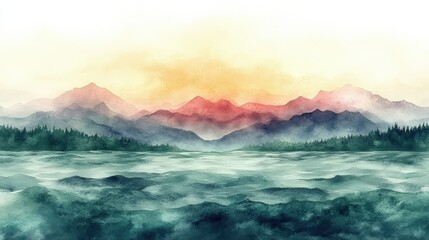 Poster - Misty mountain lake sunrise landscape painting.