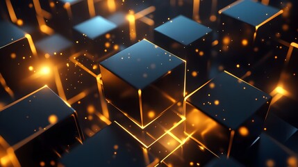 Poster - Dynamic golden cubes abstract concept digital art dark environment close-up view modern technology aesthetics