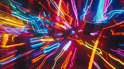 Poster - Dynamic light patterns creating vibrant atmosphere urban nightscape abstract photography colorful environment close-up perspective