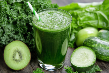 Wall Mural - glass of green juice with a green straw and a slice of kiwi on the table.