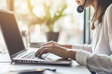 Aufkleber - woman is typing on a laptop with a headset on. She is smiling and she is enjoying her work