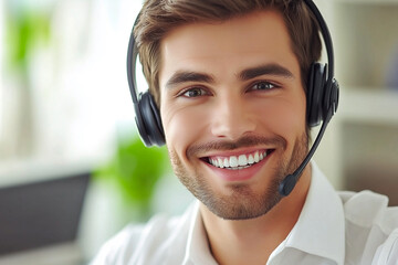 Poster -  man wearing headphones and smiling while sitting at a desk with a laptop. He is working or enjoying some leisure time