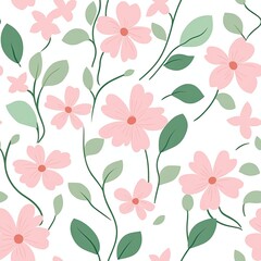 Aufkleber - Delicate Floral Pattern With Pastel Pink and Green Designs on a Light Background