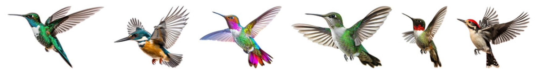 PNG Colorful hummingbirds in flight, isolated element set, transparent background