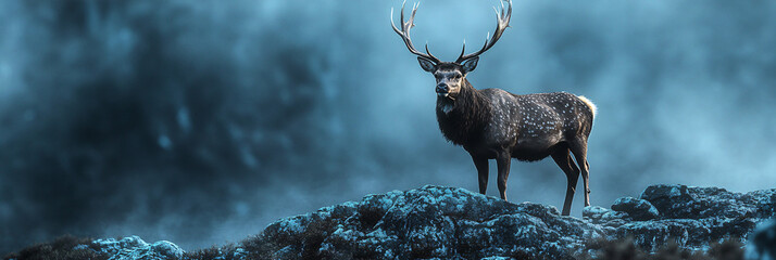 Wall Mural - A majestic stag standing tall on a granite outcrop, its antlers glowing in the low light, with soft blue mist rising around the lichen-covered rocks beneath.  