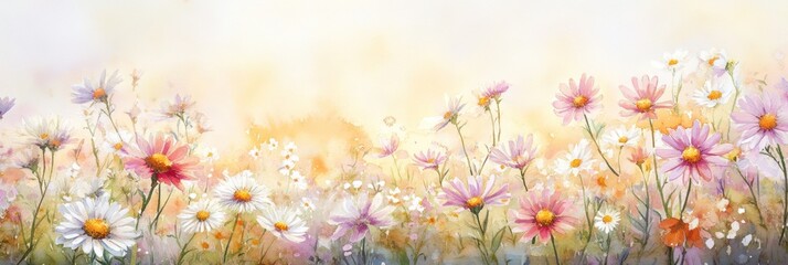 watercolor painting of blooming wildflowers in a field
