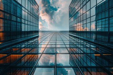 Poster - Glass facade reflecting cloudy sky on modern office buildings, creating an abstract and futuristic architectural design