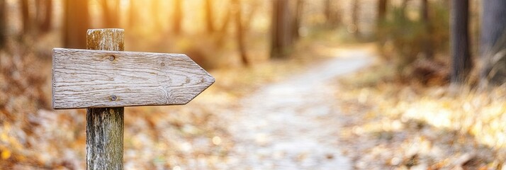 Poster - Winding Trail Beckons With a Weathered Wooden Signpost Guiding Explorers in Autumn Light