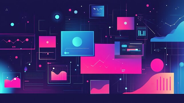 Colorful abstract visualization of digital data networks for Interconnected interfaces showing charts graphs concept.