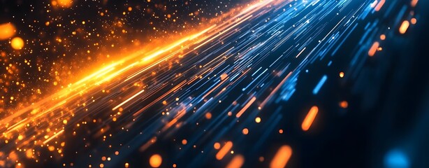Poster - Abstract digital background with bright light lines and points. A large technology network system, representing the concept of complex data flow. Future advanced technology concept