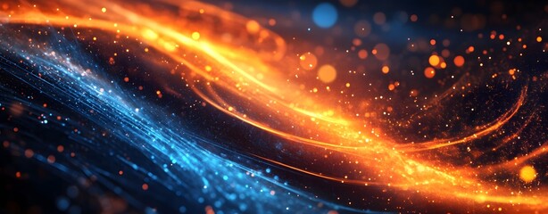 Poster - Abstract digital background with bright light lines and points. A large technology network system, representing the concept of complex data flow. Future advanced technology concept