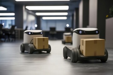 Poster - Delivery robots transport packages through a modern office space in a tech company environment