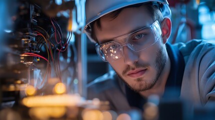Aufkleber - Under bright lights of a busy workshop, a technician inspects intricate machinery with intense focus, wearing safety glasses to protect his eyes while working diligently on complex components