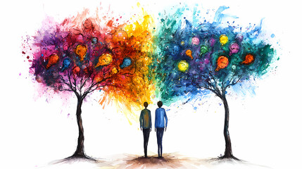 Creative individuals standing between two colorful trees, symbolizing diverse ideas and collaboration. vibrant colors represent innovation and inspiration in brainstorming