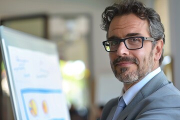 Poster - Portrait of a businessman presenting financial charts on a flip chart during a business meeting