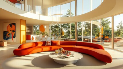 Wall Mural - Bright, modern living room with a curved orange and red sofa, a round coffee table, and large windows complementing the open floor plan.